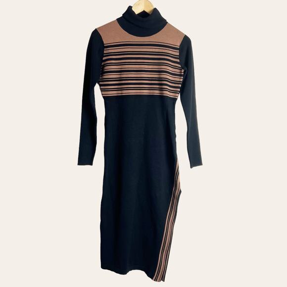 Toccin Blake Striped Ribbed Black Brown Turtleneck Sweater Dress Size S - Picture 3 of 15